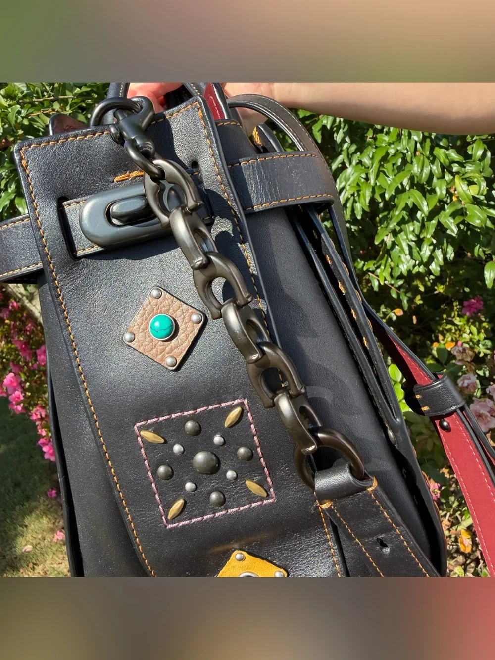 EUC Coach Double Swagger With Patchwork Prairie Rivets 25475